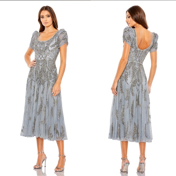 Mac Duggal 5434 Short Sleeve Silver Slate Blue Beaded Tea Length Dress Sz 8 NWT - Picture 1 of 14